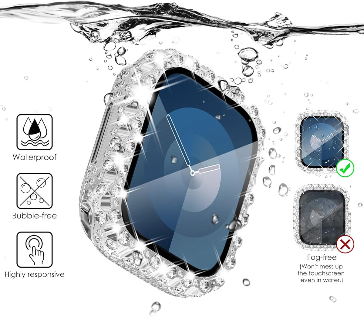 NewWays 2 in 1 Waterproof Bling Case for Apple Watch 45mm, Screen Protector Series 9 8 7, Silver