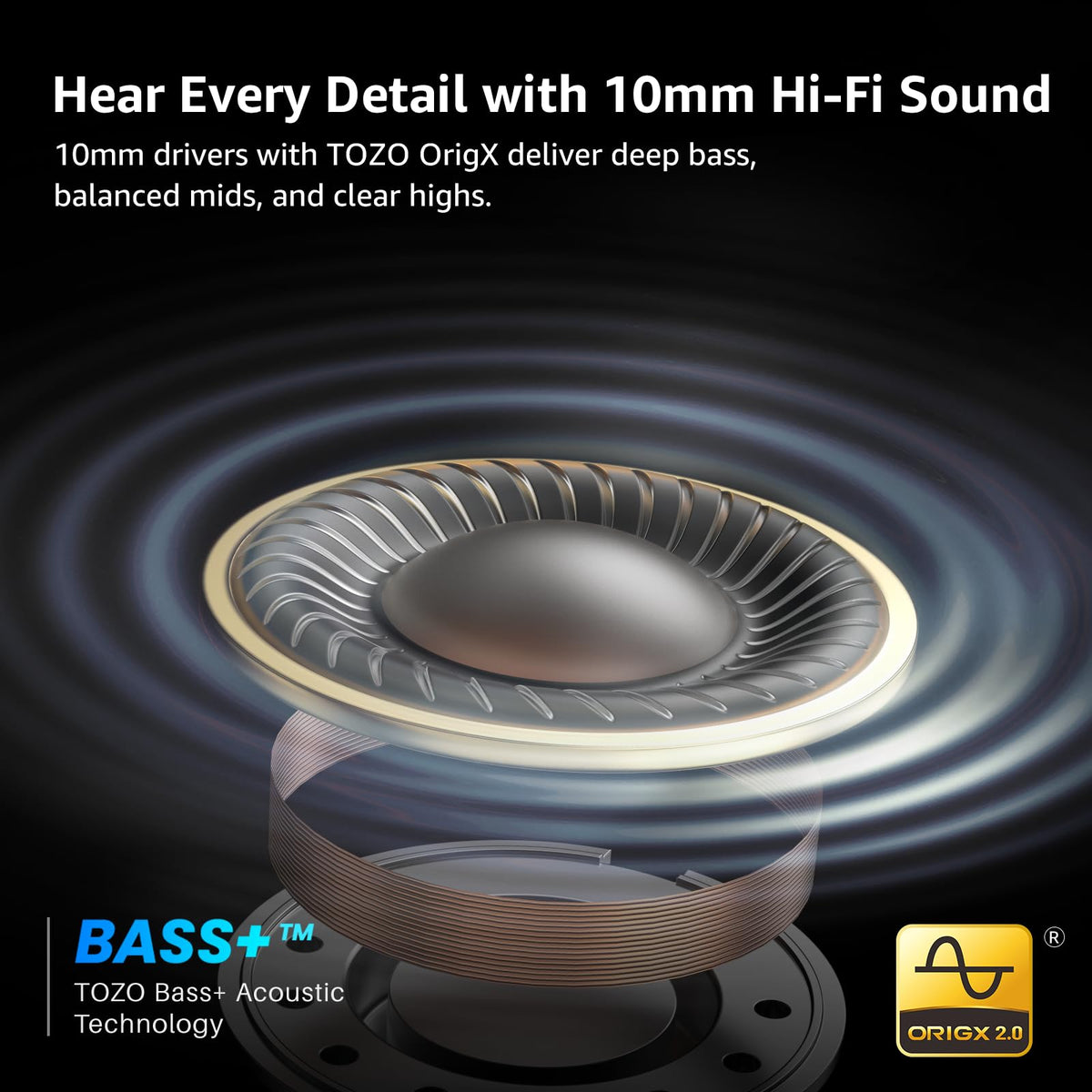 TOZO Crystal Pods Hybrid Active Noise Cancelling Wireless Earbuds, 10mm Drivers Deep Bass, 4 Mics Smart ENC AI Calls, Real-Time AI Translation, 32 EQ