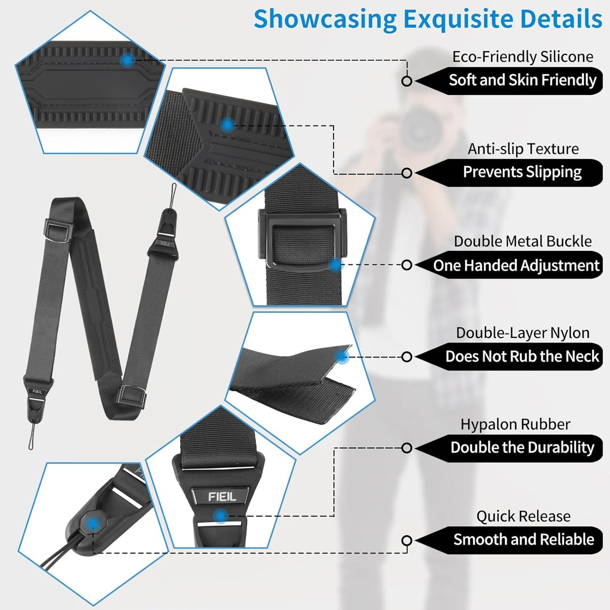 FIEIL Camera Strap with Quick Release Plate, Adjustable Camera Neck Strap, Comfort Camera Sling Strap, Quick Release