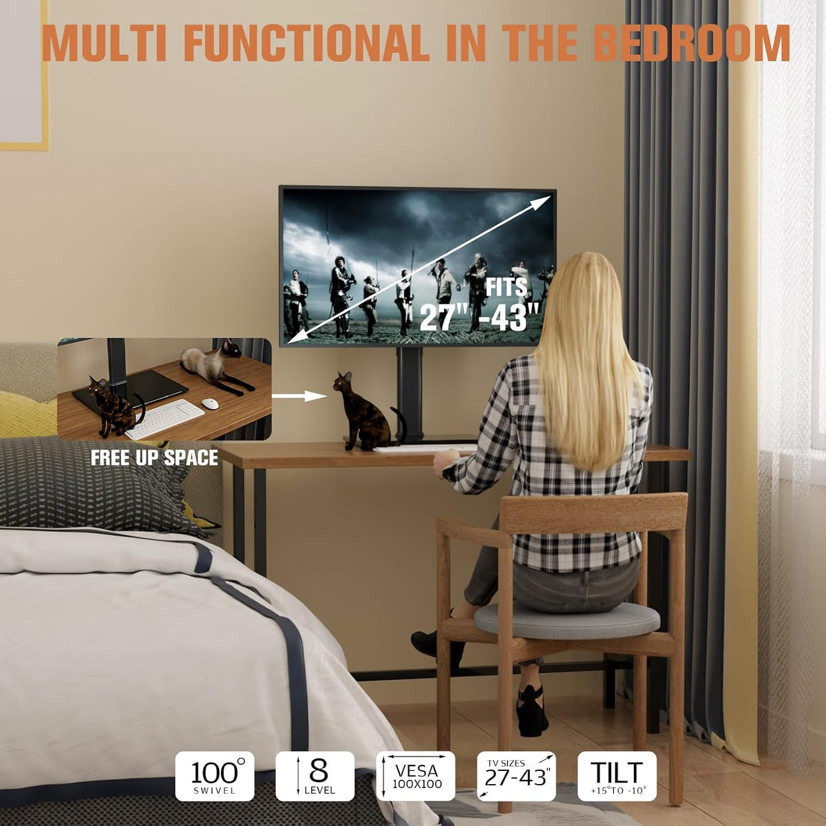 Hemudu 27-43 Inch -15 10 45 360 77lbs HT05B-003 Single Monitor Stand Freestanding Monitor Arm Curved Screen Monitor