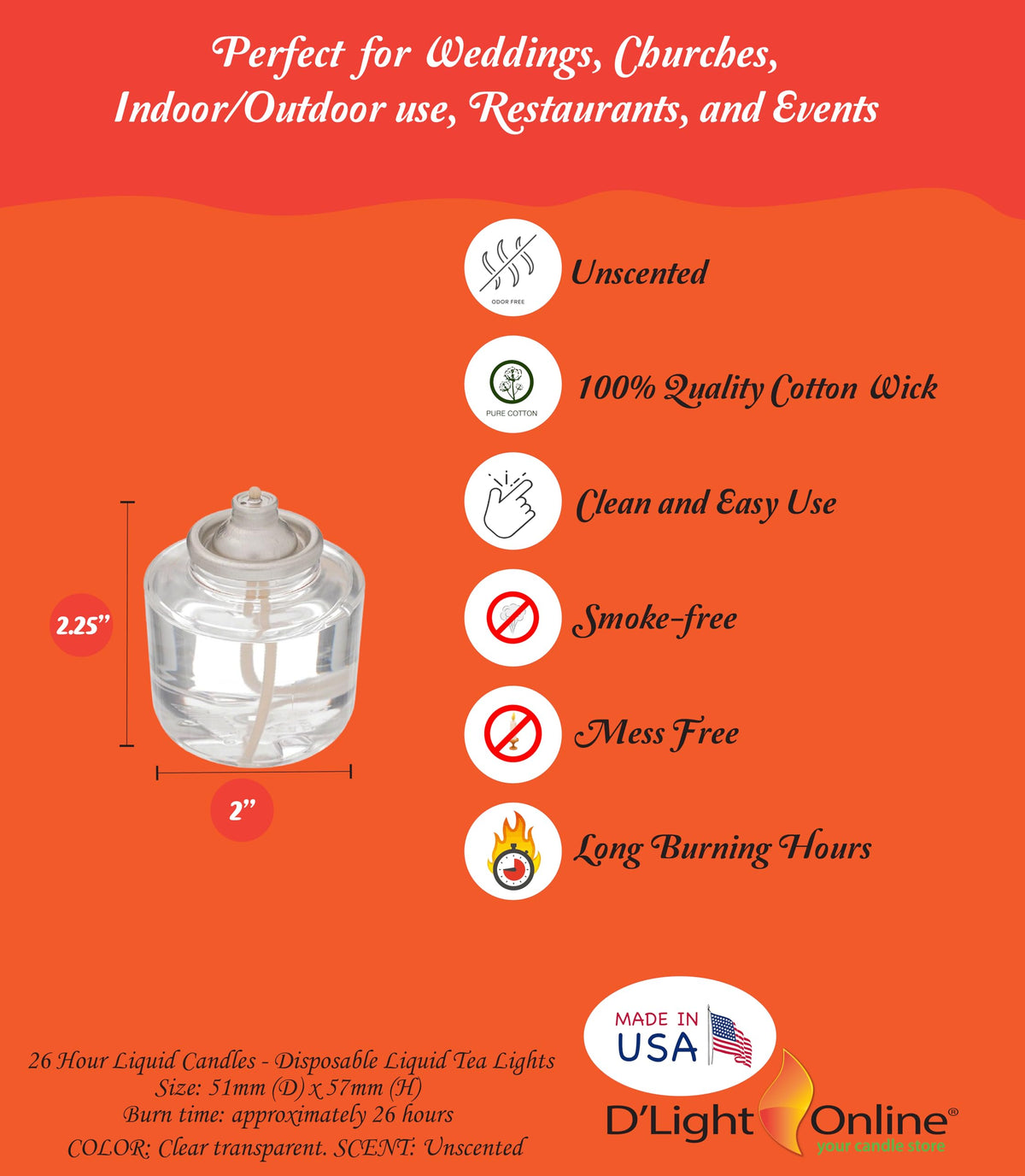 D'light Online HD26 Disposable 26 Hours Liquid Candles, Clear Plastic Disposable Fuel Cells for Wedding Table Top Lights, Restaurant Tables