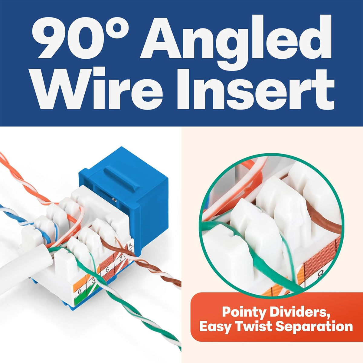 Everest 90° Angled RJ45 Cat5e Keystone Jacks 20-Pack in Blue - Slim Profile Female RJ45 Connectors - Cat 5e Keystone Jack - Compatible with 90° Angled Speed Termination Tool - easyJACK (B094WB91H3)