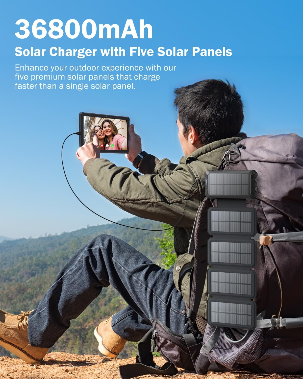 GOODaaa Solar Charger Power Bank, Portable Wireless Charger 36800mAh with Five Solar Panels Built-in Four Cable Five Outputs Outdoor Battery Pack for Cell Phone with Dual Flashlights, Carabiner