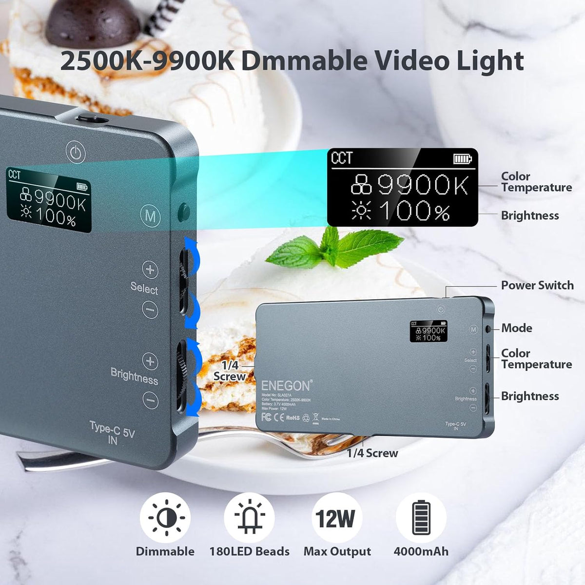 ENEGON 4000mAh Rechargeable Mountable Bicolor LED Video Light with Mini Panel for Professional DSLR Cameras | Photo Video Lighting Long Battery Life | Fits for iPhone Sony Canon Nikon Fuji Panasonic