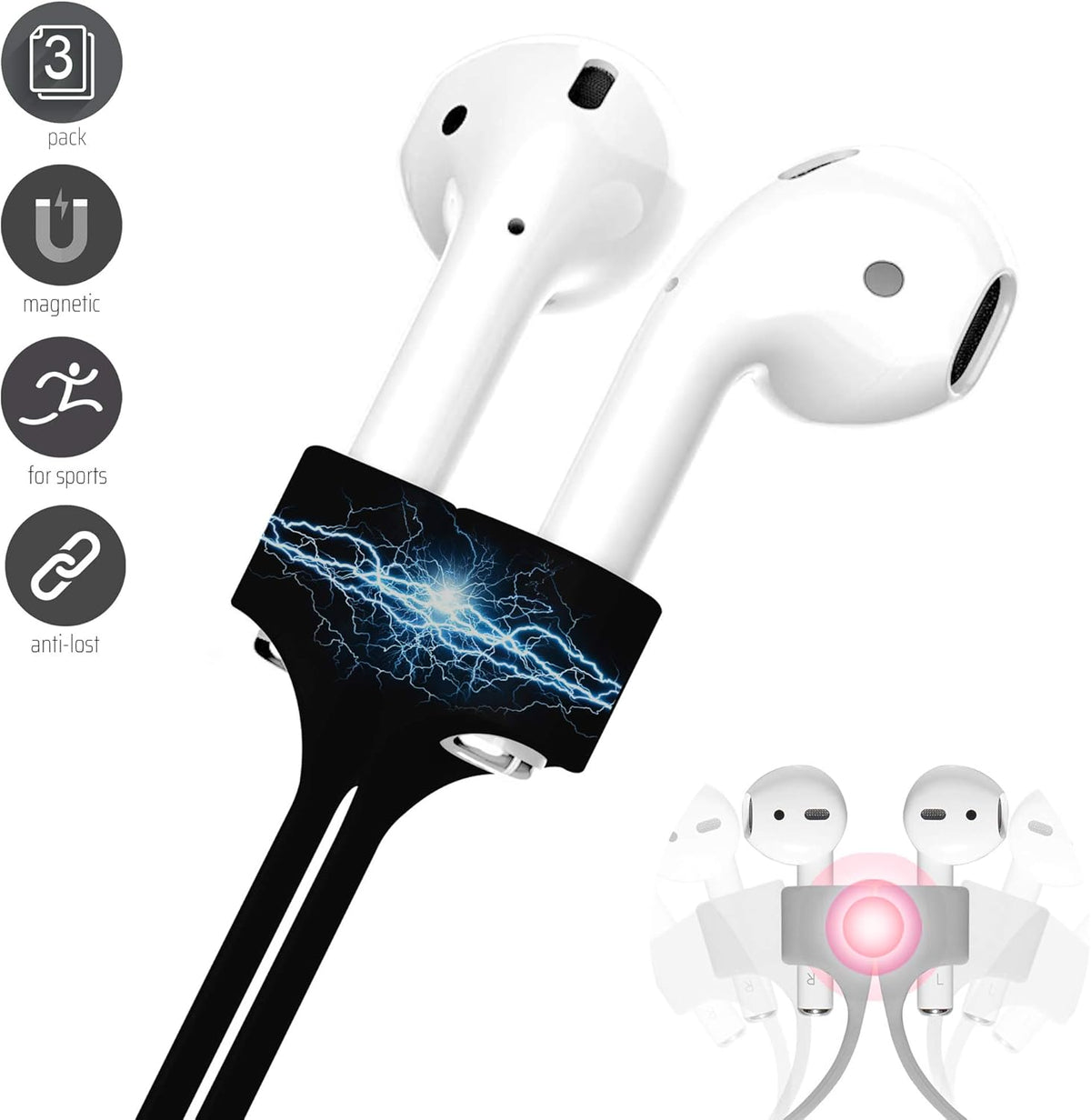 Ultra Strong Magnetic Airpod Pro Strap Anti-Lost Cord Sports Lanyard Compatible with Airpods 3rd 2nd Generation Pro 3 2 1 (3 Black)