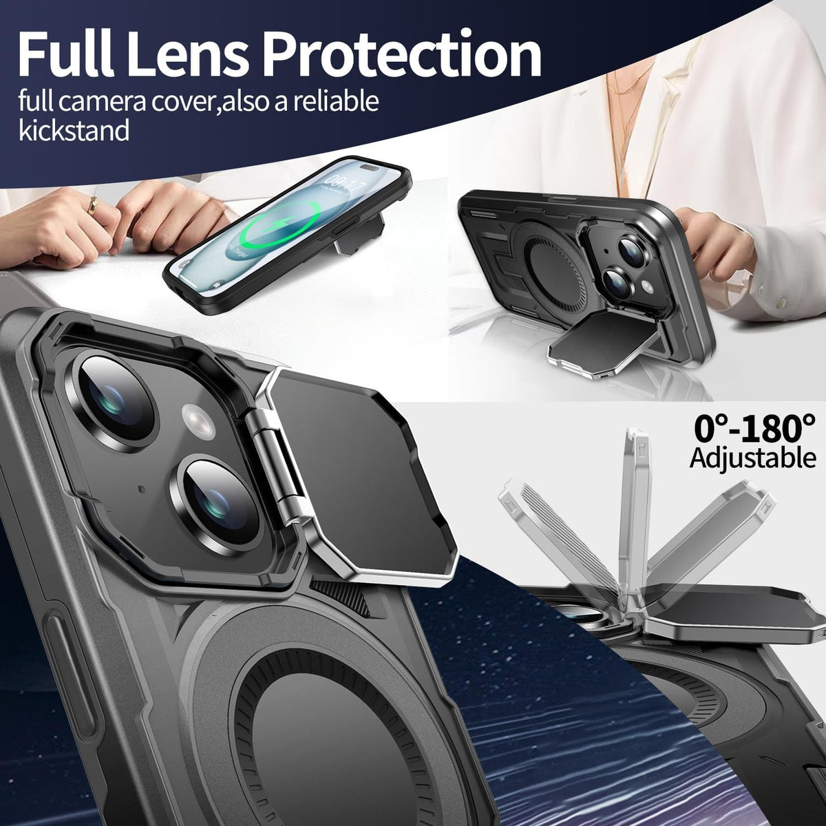 Camera Stand Case for iPhone 15 Plus, [Compatible with Mag Safe] [Lens Cover] 2024 Version Military Grade Protective Soft Case for iPhone 15 Plus 6.7 inch Men Women, Black