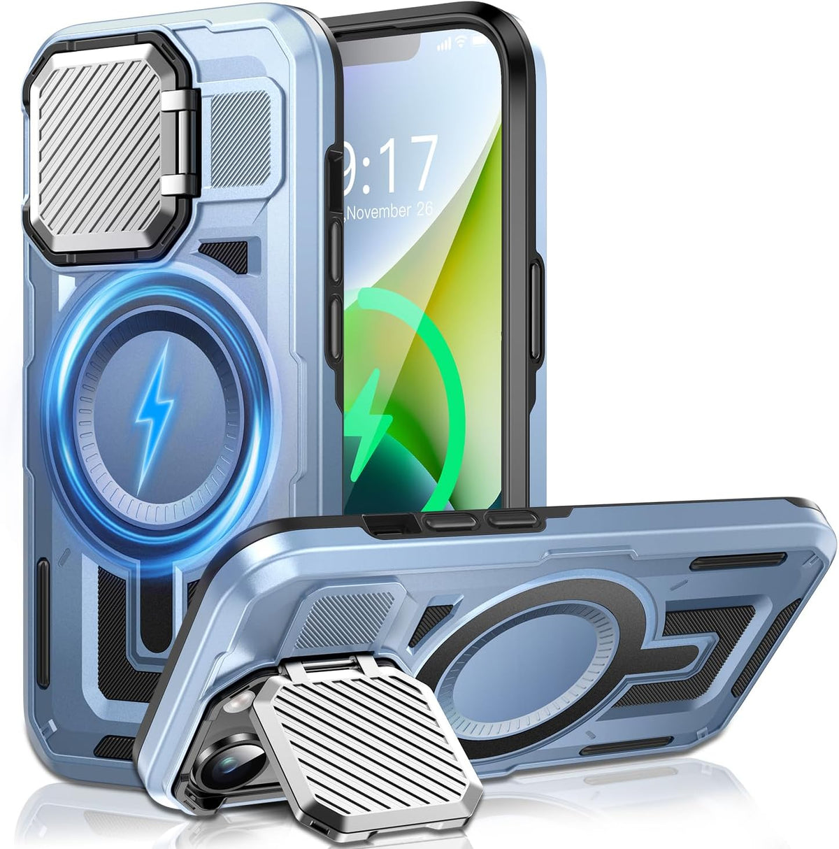 Camera Stand Case for iPhone 13/14, [Compatible with MagSafe] [Lens Cover] 2024 Version Military Grade Protective Soft Case for iPhone 13/14 6.1 inch Men Women, Blue