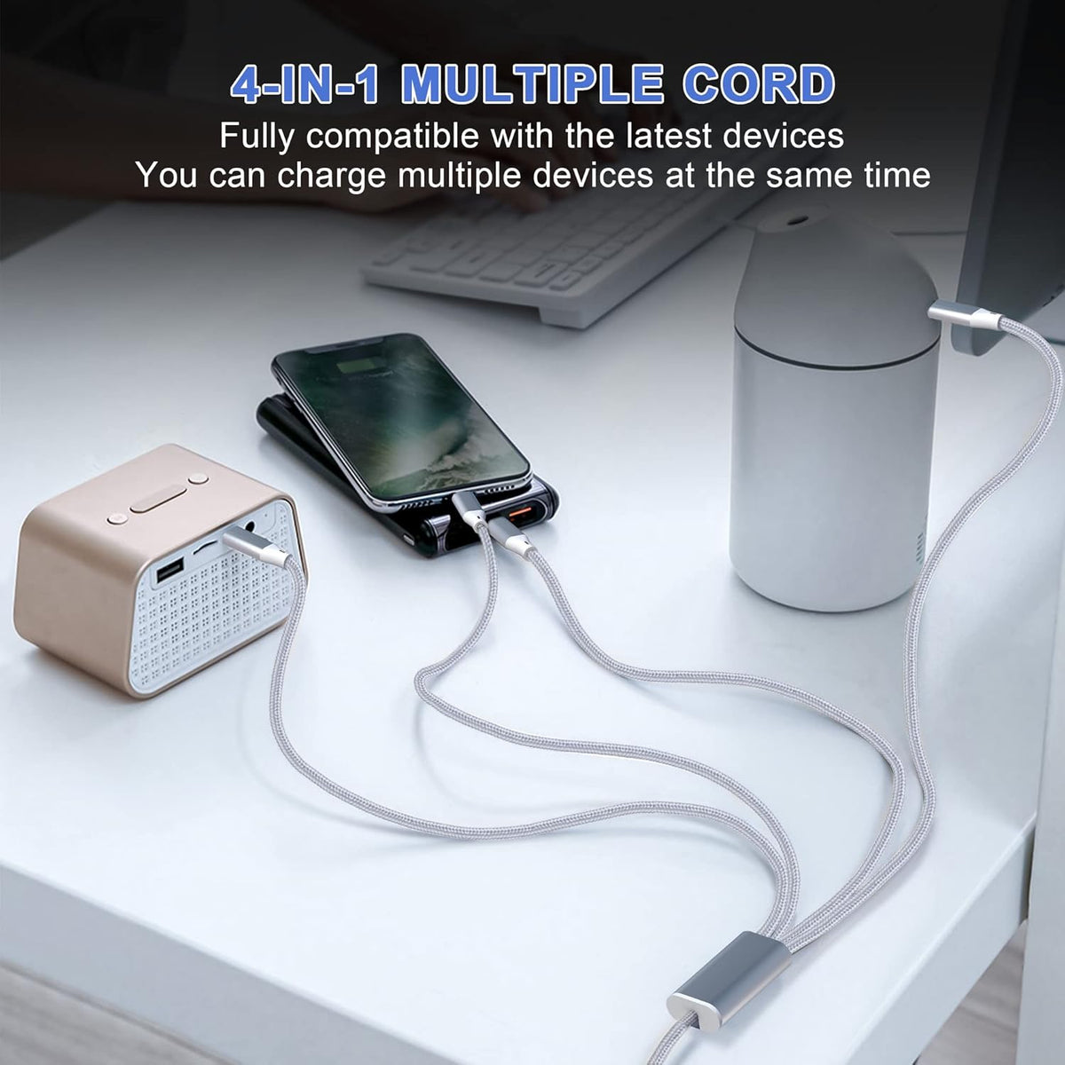 Multi Charging Cable, 4 in 1 Nylon Braided [MFi Certified] USB Fast Charging Cords, 2M/6FT for iPhone Android Tablets