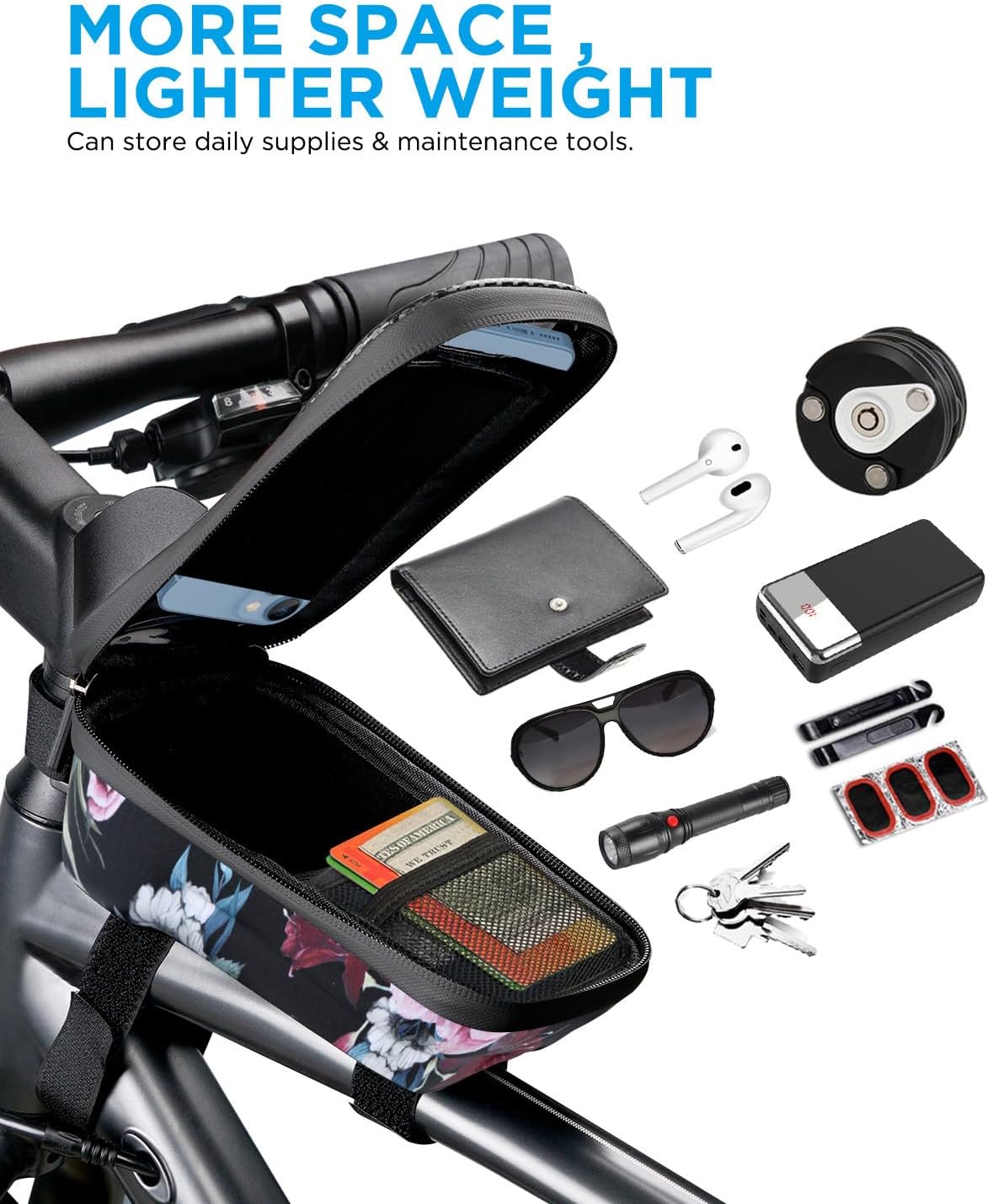 whale fall Hard Casing Floral Bike Bag, Never Deform/Waterproof, Bike Phone Mount with 0.25mm Sensitive TPU Touch-Screen, with Rain Cover for Phones under 6.9''