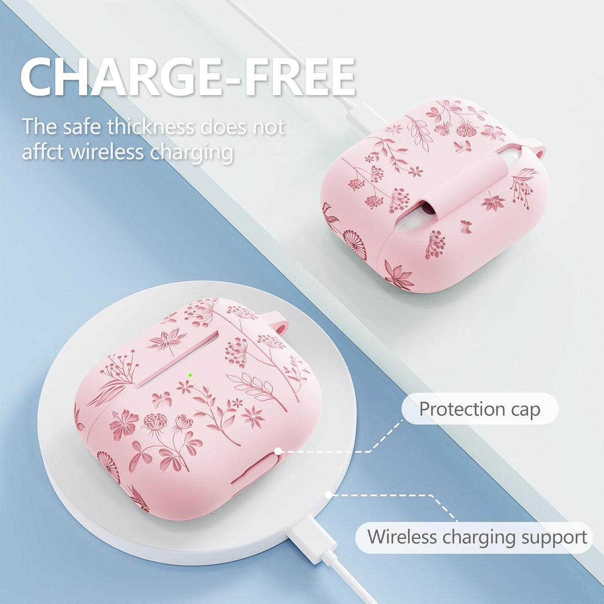 Flower Engraved Soft Silicone Case for Airpods 3rd Generation, Cute Case with Cleaner Kit & Keychain, Pink