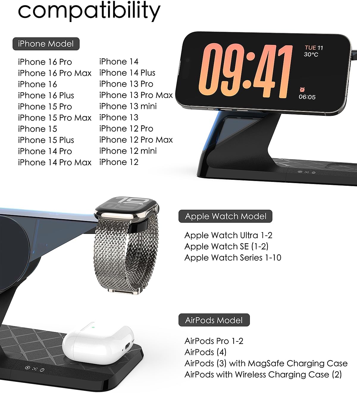 3 in 1 Charging Station for Apple Devices, Mag-Safe Charger Stand, Wireless Charger for iPhone 16/15/14/13/12 Series,& AirPods,& iWatch, Adapter Not Included