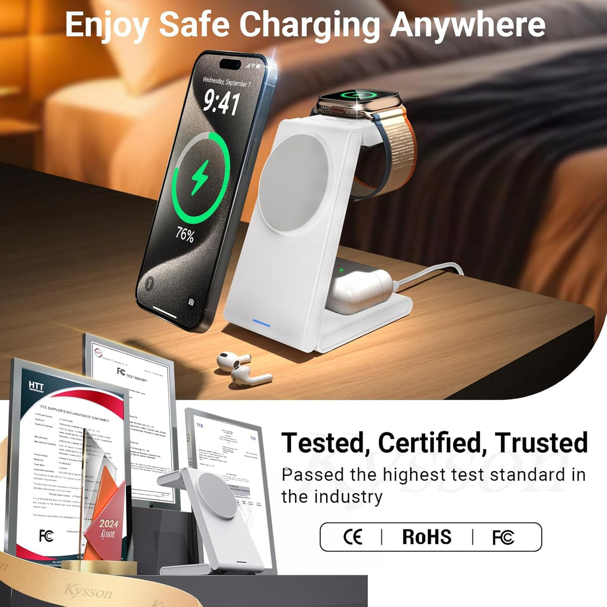 Foldable 3 in 1 Charging Station for Multiple Devices, Travel Wireless Charger for MagSafe Charger Stand, Magnetic Charging Stand for iPhone 16/15/14/13/12 for iWatch AirPods Pure White