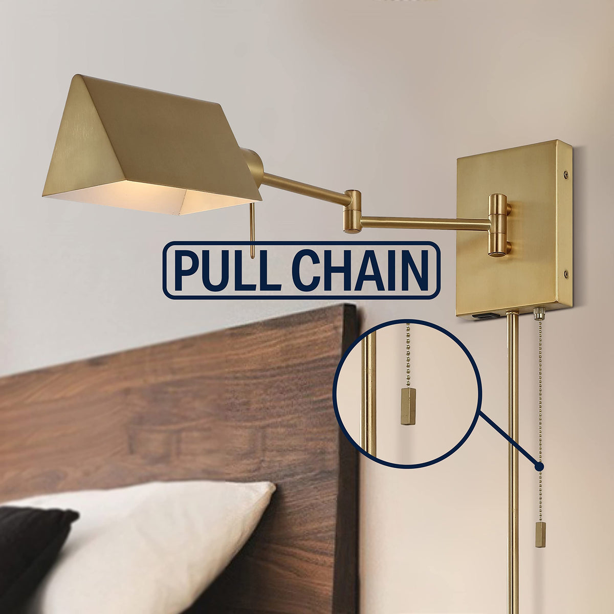JONATHAN Y 22" Brass Gold Swing Arm Wall Sconce, Plug-in or Hardwired with USB Charging Port and Pull Chain, Iron Shade, Industrial LED Reading Lamp
