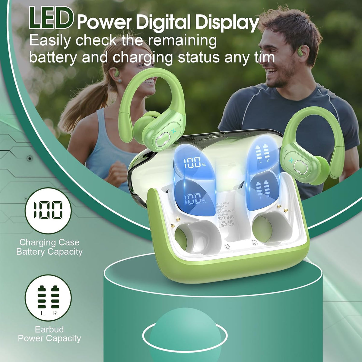 Wireless Earbuds 75hrs Bluetooth 5.4 Headphone Sport, 2025 Bluetooth Earbuds Stereo Deep Bass Over Ear Bud with Earhooks, ENC Noise Cancelling Mic, IPX7 Waterproof Earphone, Green