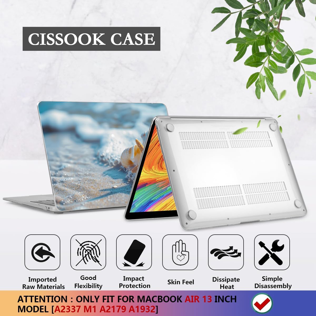 CISSOOK Compatible with MacBook Air 13-inch Case 2021 2020-2018 Release M1 A2337 A2179 A1932 Model with Touch ID, Plastic Hard Shell Protective Case with Keyboard Cover Screen Protector, Beach&Shell