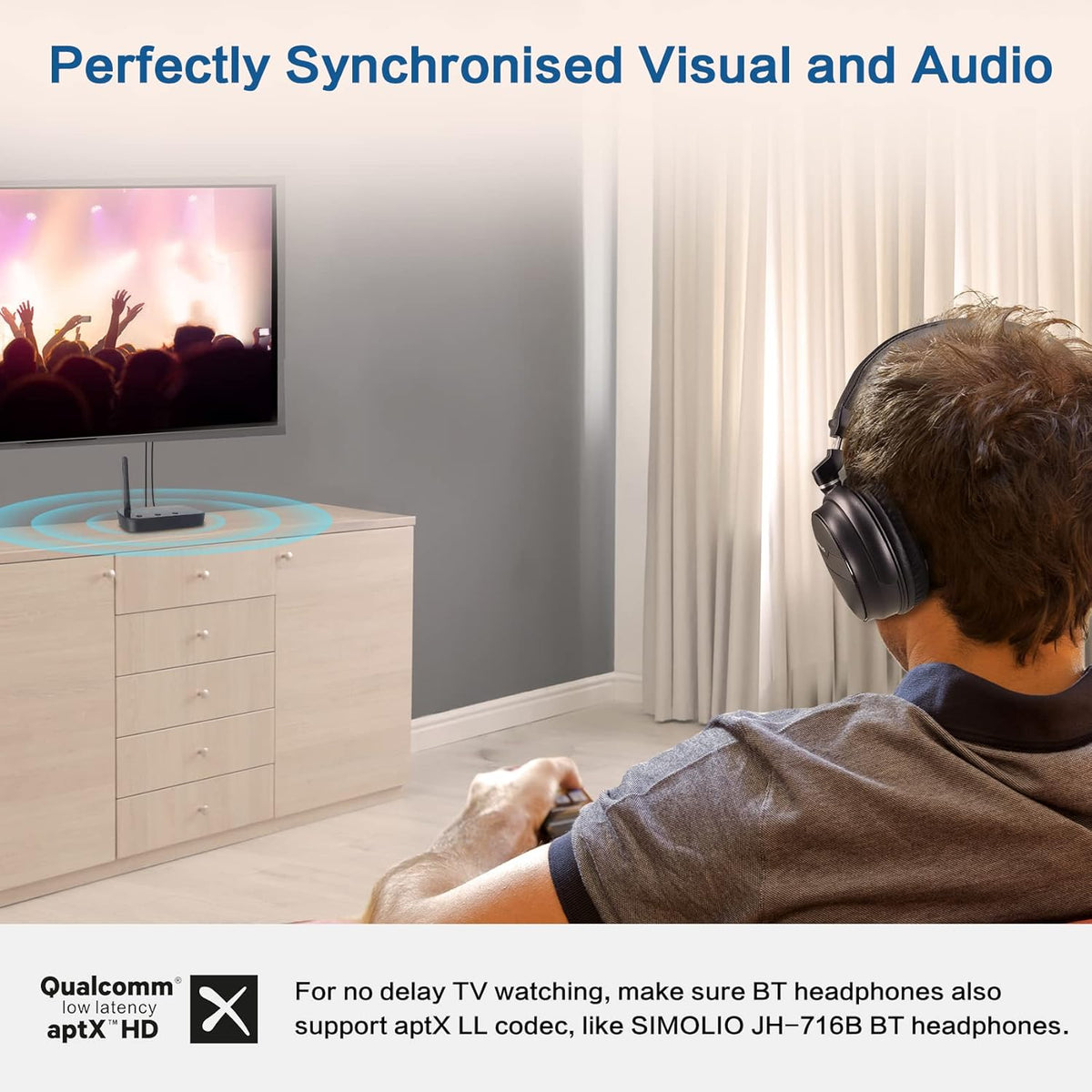 SIMOLIO 201D [2024] Bluetooth 5.2 Audio Transmitter for TV to 2 Wireless Headphones, Long Range