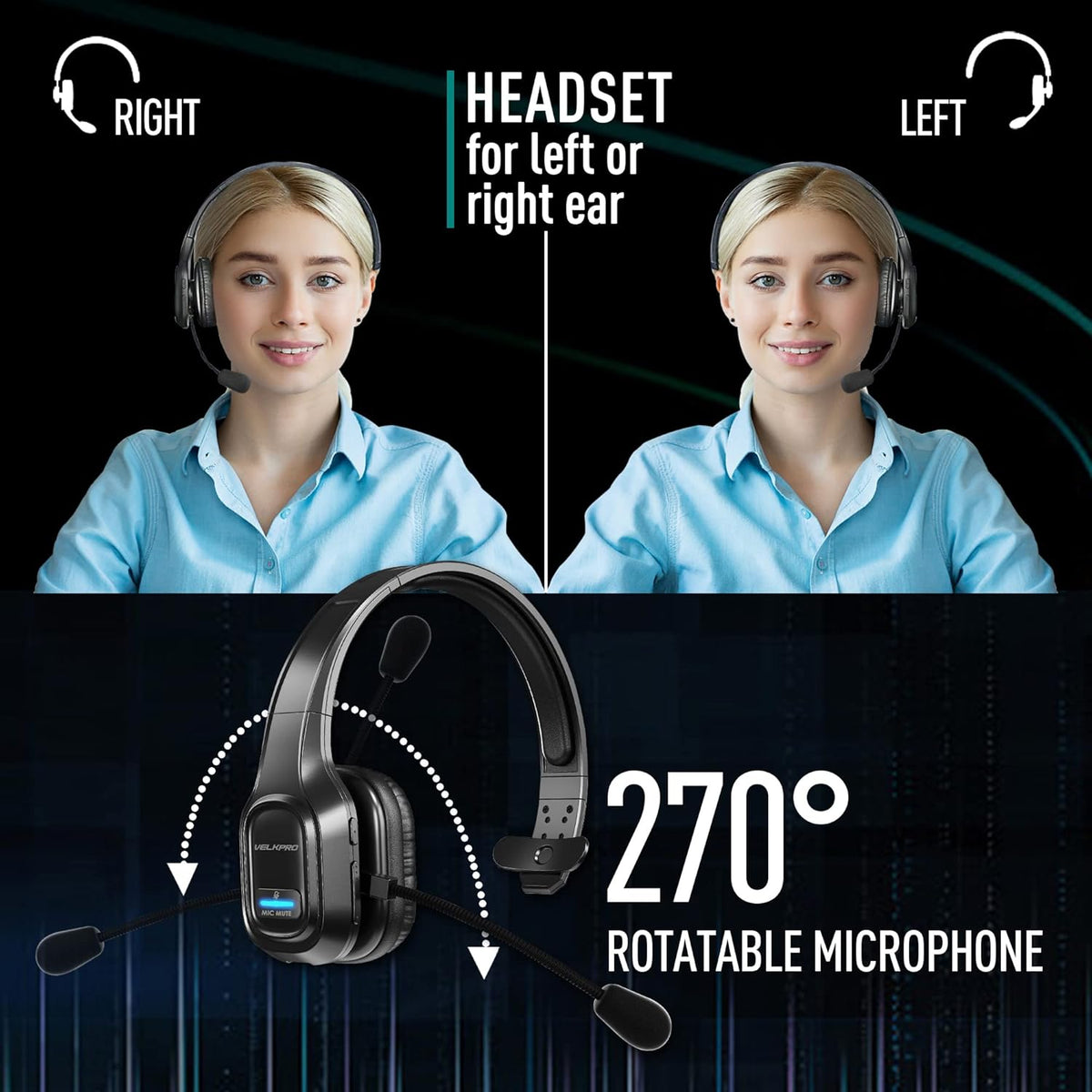 Wireless Headset with Microphone, Single-Ear Headphone, Adjustable Headband, Noise Isolation Mic for Home Office