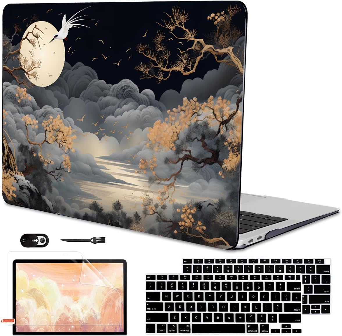 for MacBook Air 13 inch Case 2021 2020 2019 2018 Release A2337 M1 A2179 A1932 with Touch ID, Crystal Black Pattern Plastic Hard Shell Case Cover for Mac Air 13 M1, Tide Illustration 2