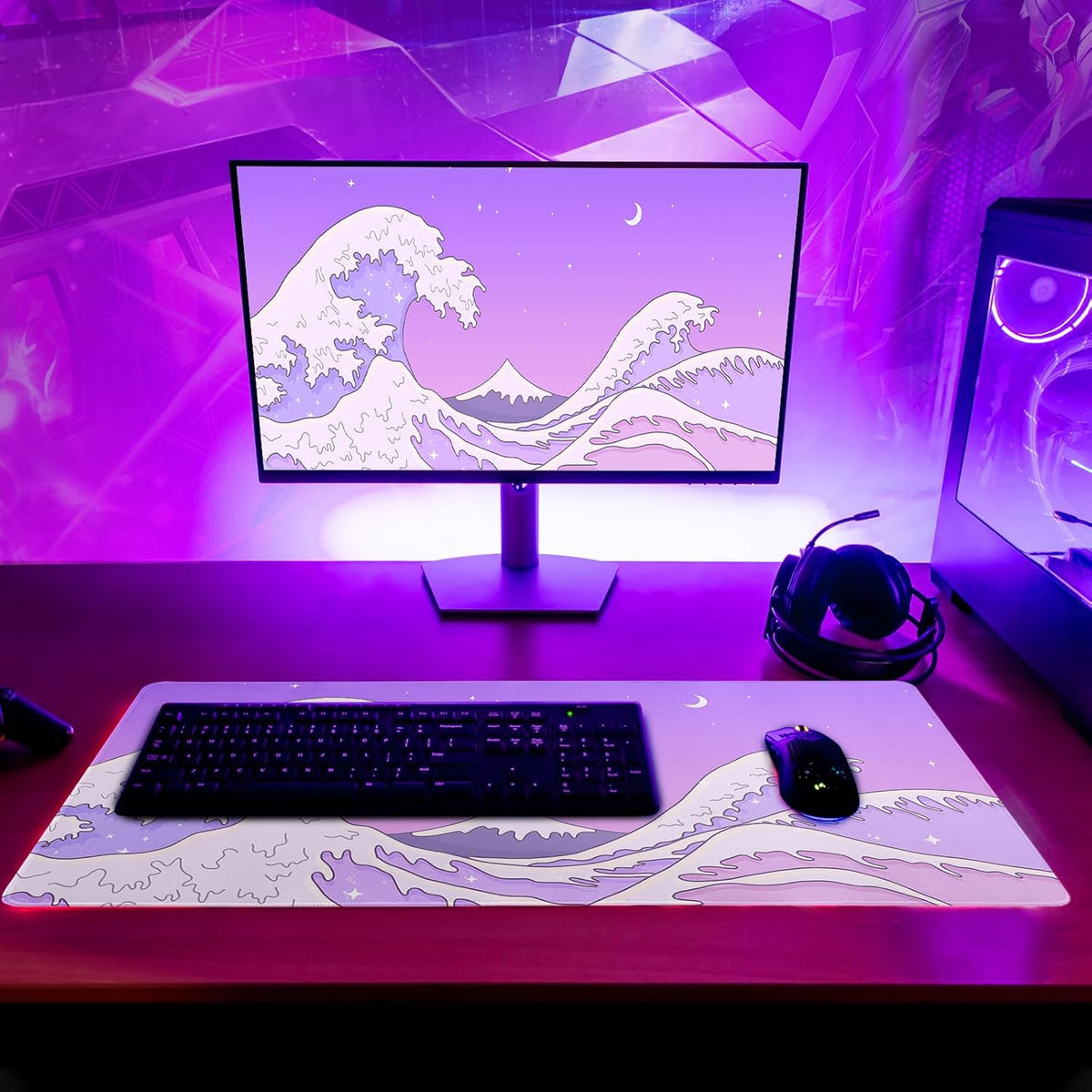 Purple Japanese Sea Wave Gaming Mouse Pad - Large Desk Mat with Non-Slip Base and Stitched Edge for Gaming and Office - 31.5x11.8 Inch