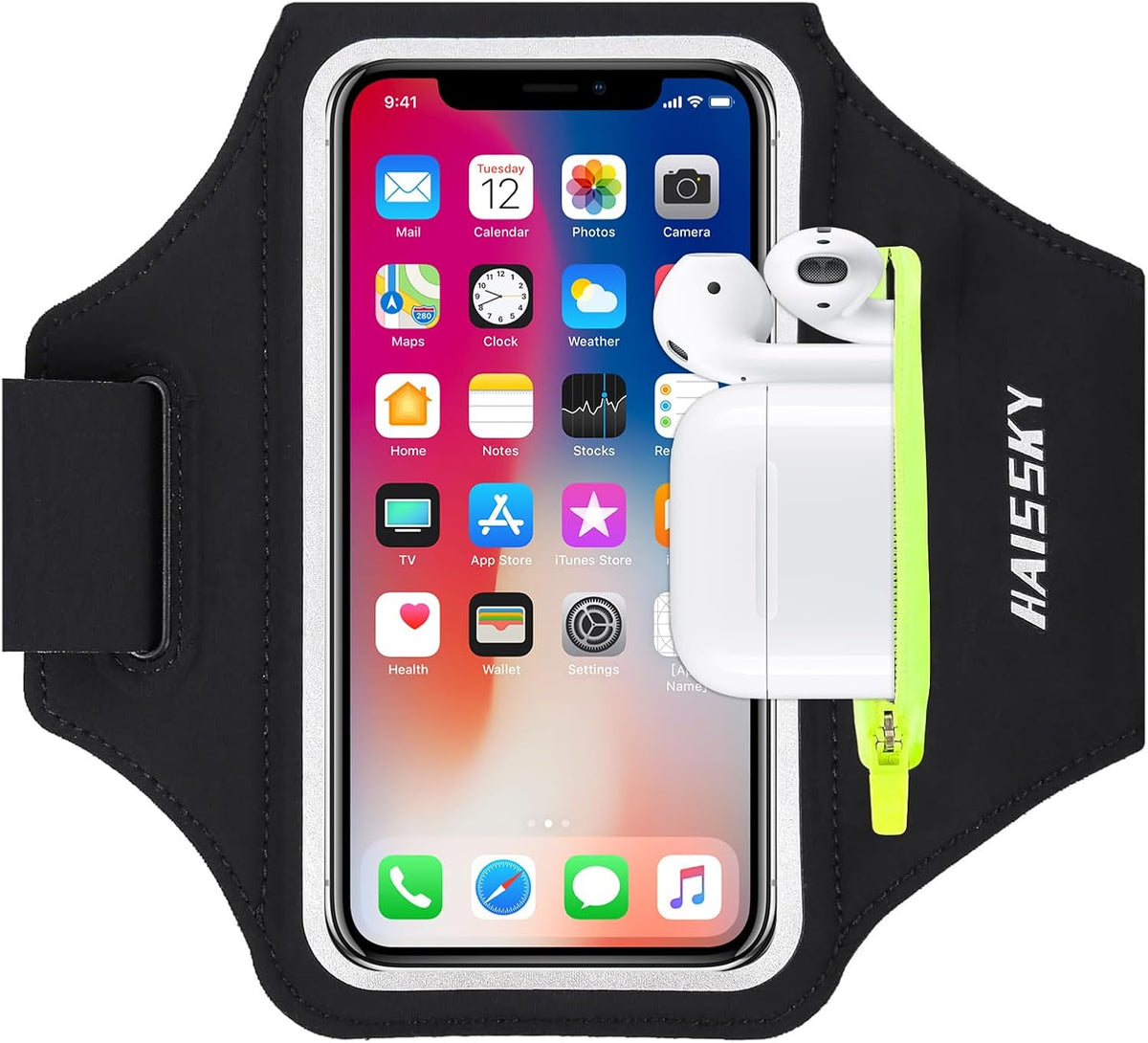 Running Armband with Earphone Bag Cell Phone Armband for iPhone 16 15 Pro 14 Plus 13 11 XR XS, Galaxy S24/S10 Water Resistant Sports Phone Holder Case & Zipper Slot Car Key Holder for 6.9 inch Phone