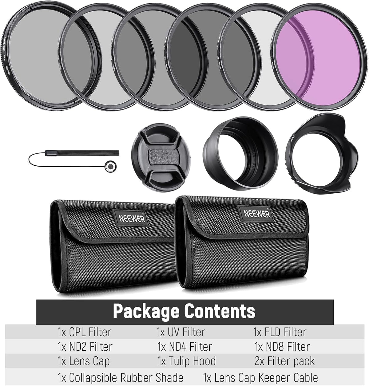 NEEWER 46mm ND Lens Filter Kit: UV, CPL, FLD, ND2, ND4, ND8, Lens Hood, Lens Cap for Canon Nikon Sony