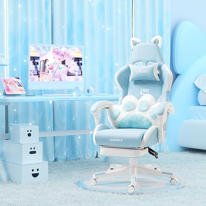 Cute Gaming Chair with Cat Paw Lumbar Cushion and Cat Ears Kawaii Pink Computer Chair with Footrest Ergonomic PC Video Anime Gaming Chairs Recliner for Kids Girls Teens (Blue)