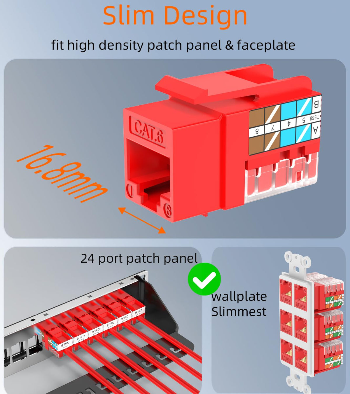Rapink RJ45 Keystone Jack Cat6 10G Support, Keystone Jacks UTP 25 Pack for Wall Plate and Patch Panel, Rj45 Keystone 90 Degree Red Color for Cat6, Cat5e, Cat5 Cabling