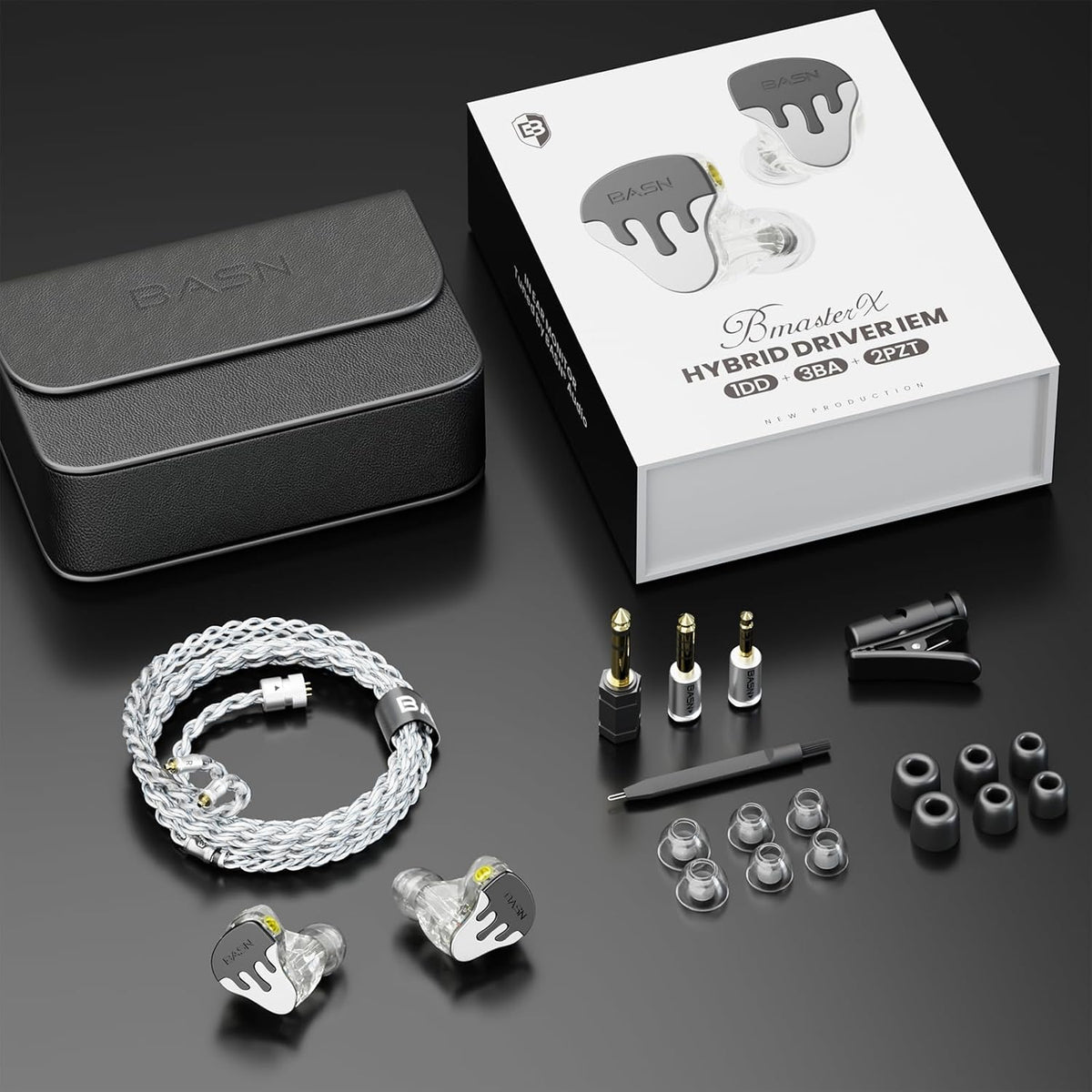 BASN BmasterX in Ear Audio Monitor, Hybrid 6 Drivers IEM Earphones with Crystal Clear Sound, Detachable Cable Plus Carrying Case & Fit Kit for Musician, Stage, Studio (3.5mm/4.4mm Jack, Black/White)
