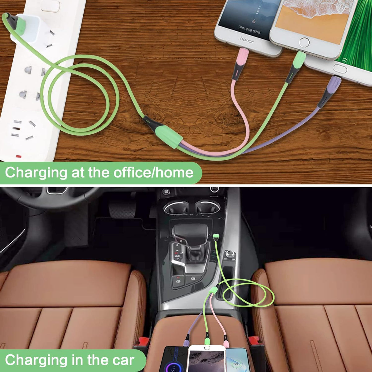 Multi Charging Cable 2-Pack 5FT, 3 in 1 5A Multiple USB Fast Charger Cord Adapter with IP/USB C/Micro USB Connectors