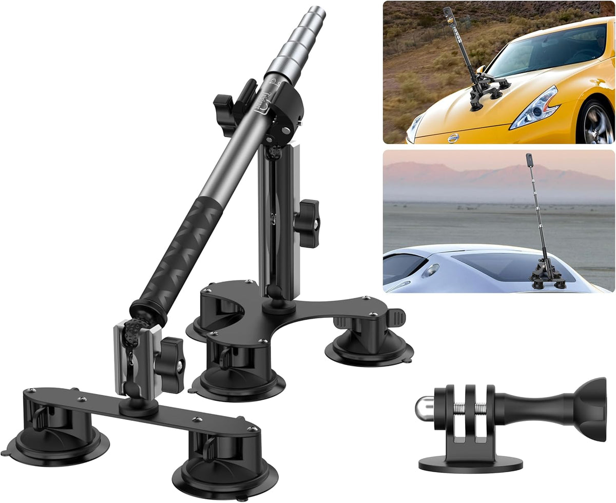 Suction Car Mount for Insta360 x5/X4/X3/X2/GO 3/ONE/GoPro Max-59 Lockable Anti-Fall Selfie Stick with 5 Suction Cups, 3-Person Car Camera Mount for 360° Action Vlog Cameras, DSLR (Indoor & Outdoor)
