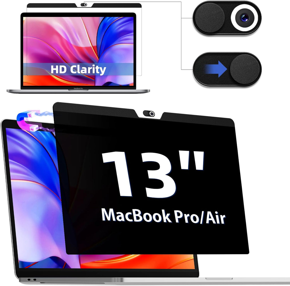 Privacy Screen MacBook Pro 13 Inch (2016-2022, M1,M2) and MacBook Air 13 In(2018-2021, M1), Magnetic Removable Anti-Glare Privacy Filter with Camera Cover, Laptop Privacy Screen Protector for Mac 13in IPROKKO