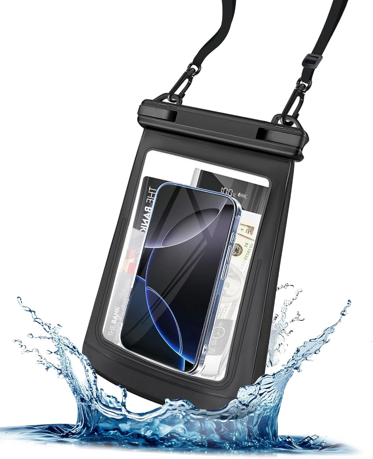 Large Waterproof Phone Pouch - [Oversized] [Floating] Water Proof Pouch for iPhone Galaxy Google and More, IPX8 Waterproof Dry Bag for Beach Vacation Belongings Clear Black
