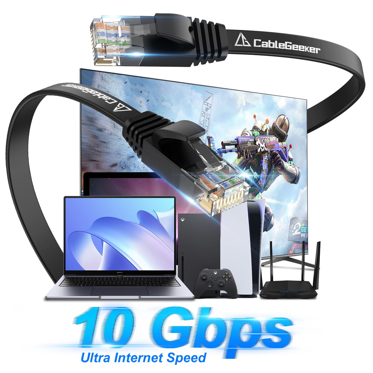 Cat 6 Ethernet Cable 100 ft, Indoor&Outdoor, High Speed 10Gbps Internet Network, Pure Copper Flat Ethernet Patch Cable Long, Computer LAN Cable