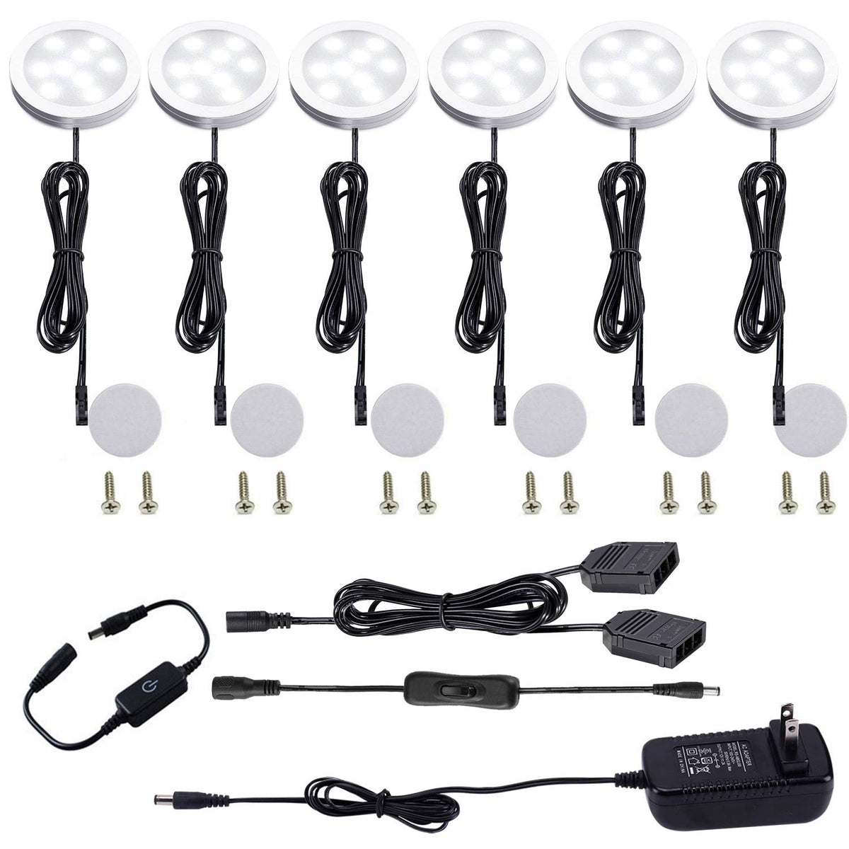AIBOO Under Cabinet LED Puck Lights Kit with Touching Switch Dimmable for Kitchen Cupboard Closet Lighting (6 Lights,Daylight White)