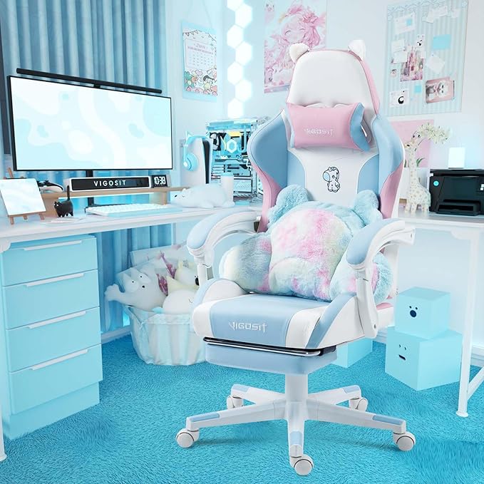 【Gaming Chair with Paw Cushion】 Kawaii PC Gamer Chair for Girls Teens Adjustable Height &amp 90-155° Recline 360° Swivel with Retractable Footrest (BluePink)