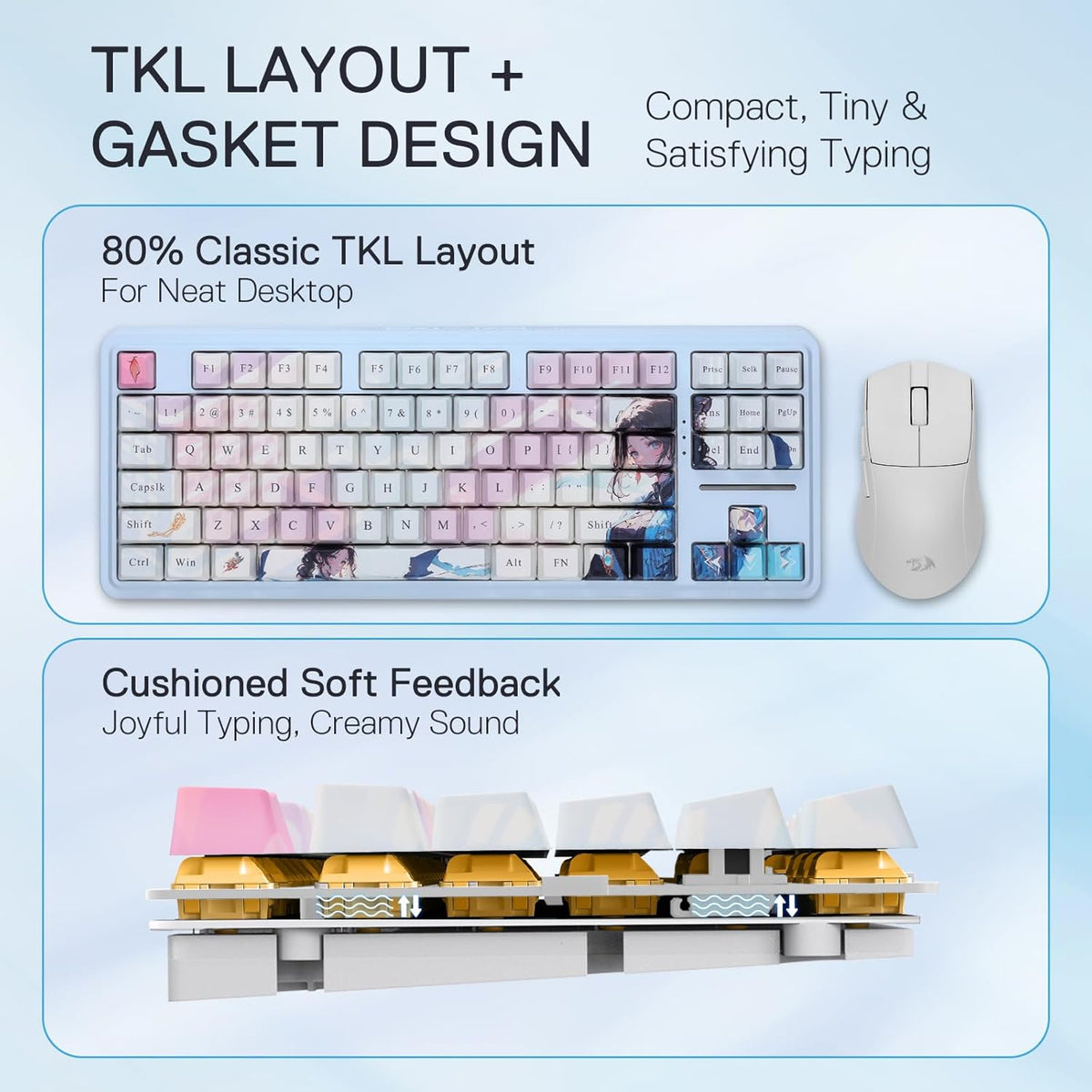 Redragon K728 PRO SE 80% 87 Keys Wireless Gasket RGB Gaming Keyboard, 3-Mode Anime Mechanical Keyboard w/Hot-Swap South-Facing LED Socket, 5-Layer Noise Dampening, Custom Hi-Fi Linear Switch