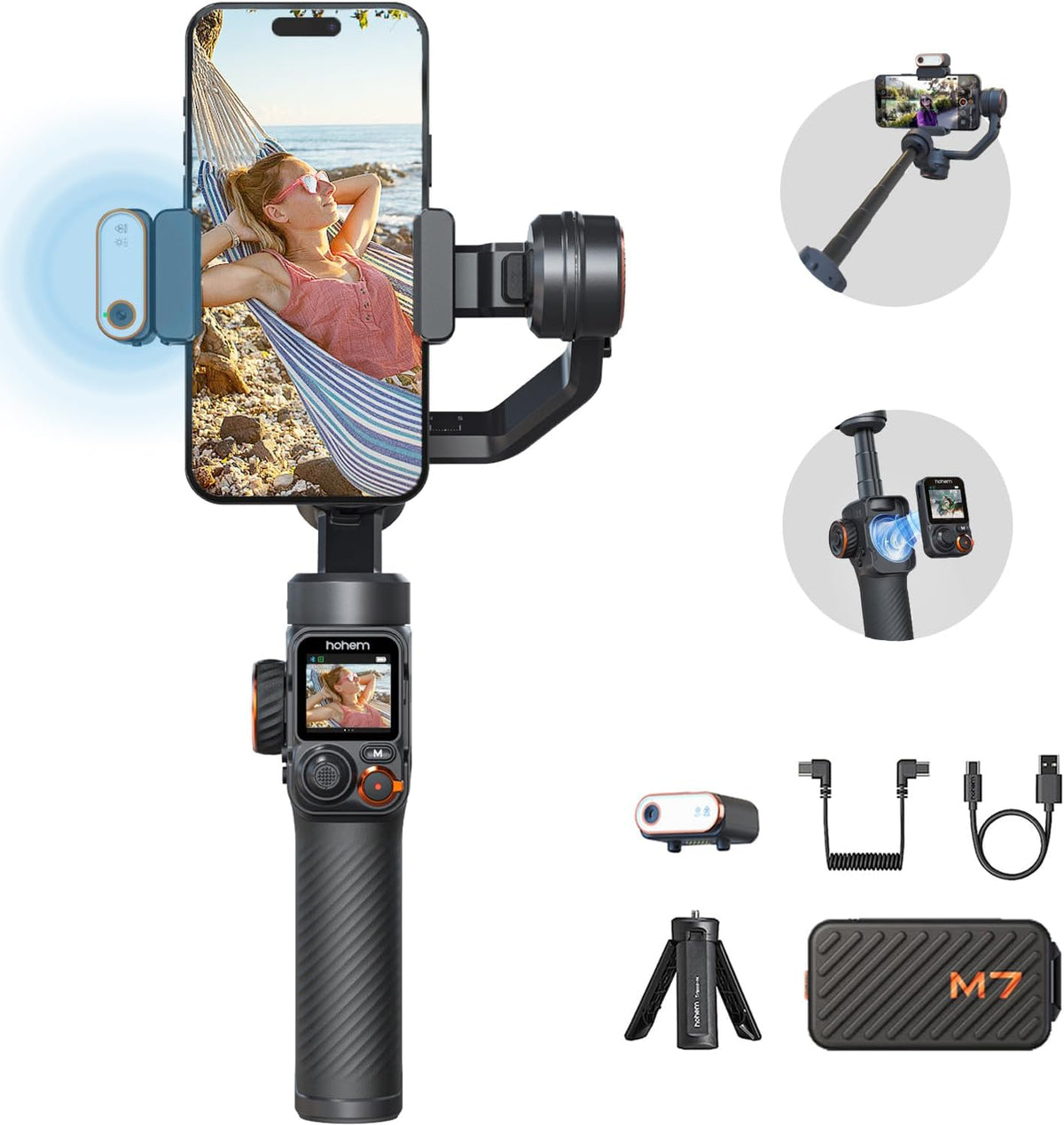 Hohem iSteady M7 Gimbal Stabilizer for Smartphone, Magnetic AI Tracker Fill Light, Detachable Touchscreen Remote Controller, Built-in Extension Rod, 500g Payload Gimbal Stabilizer for iPhone Android