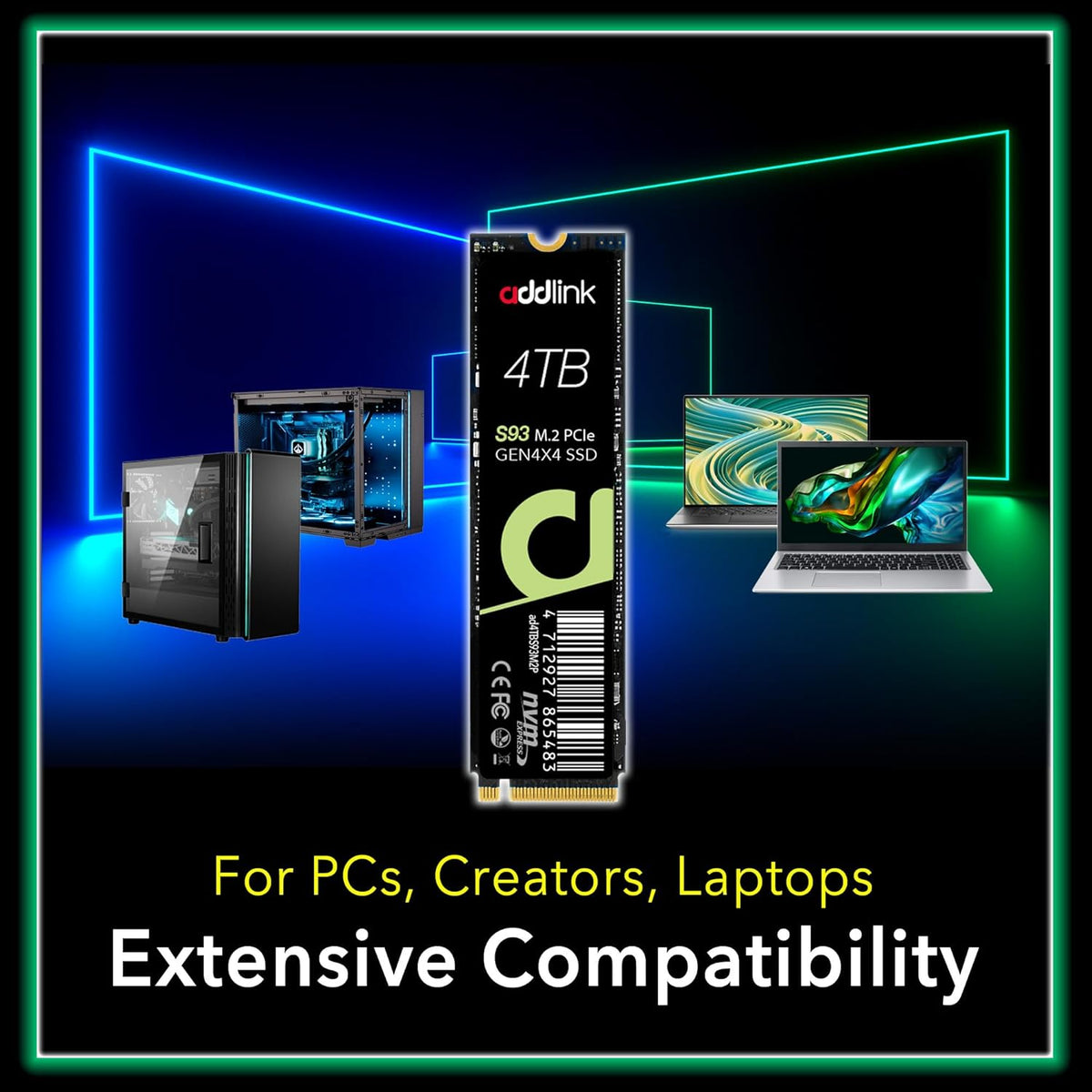 Addlink S93 4TB PCIe 4.0 M.2 Gen 4 Memory Expansion SSD, Up to 7400 MB/s, Internal Solid State Drive with HMB Technology for Laptop, Gaming and Creators