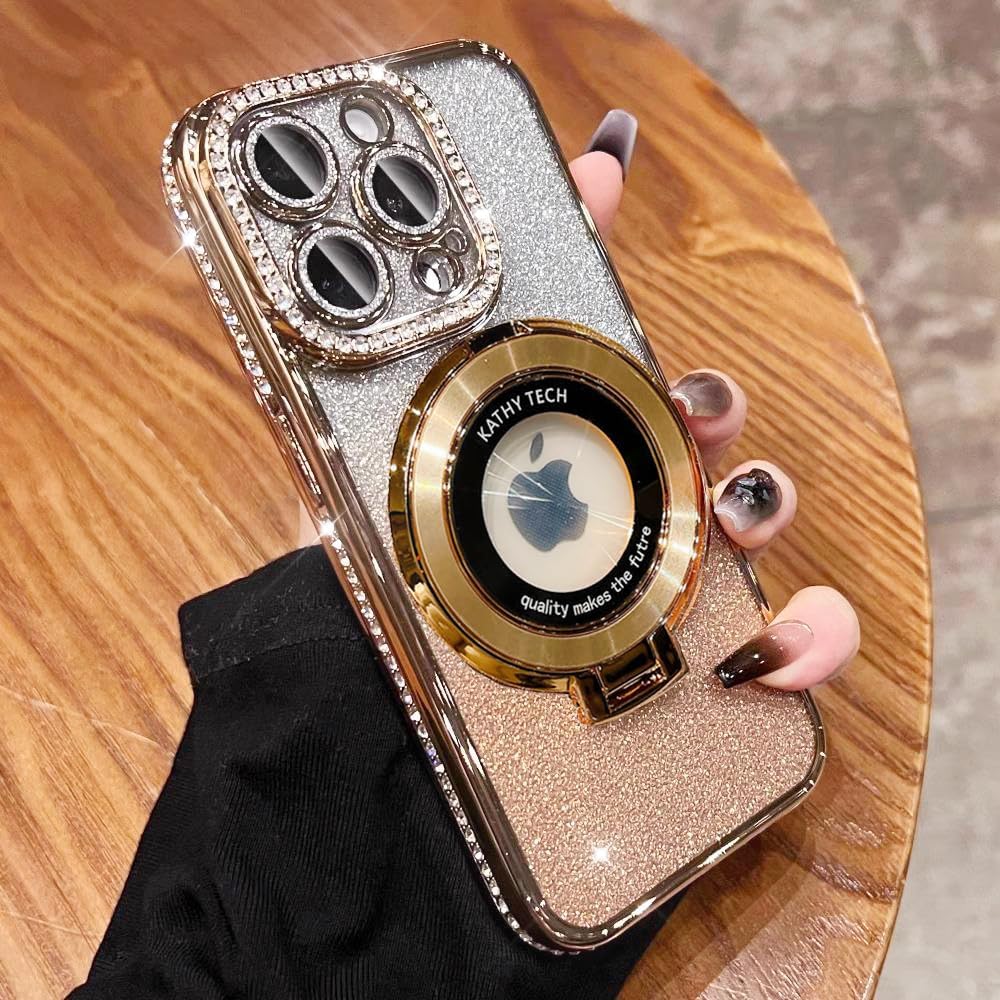 Magnetic Kickstand (Glitter Lens Protector ) Case for iPhone 15 14 13 12 Pro Max (Compatible with Magsafe ) Sparkling Diamond Cover Glitter Shiny Rhinestone Cases (Gold,for iPhone 13 Pro Max)
