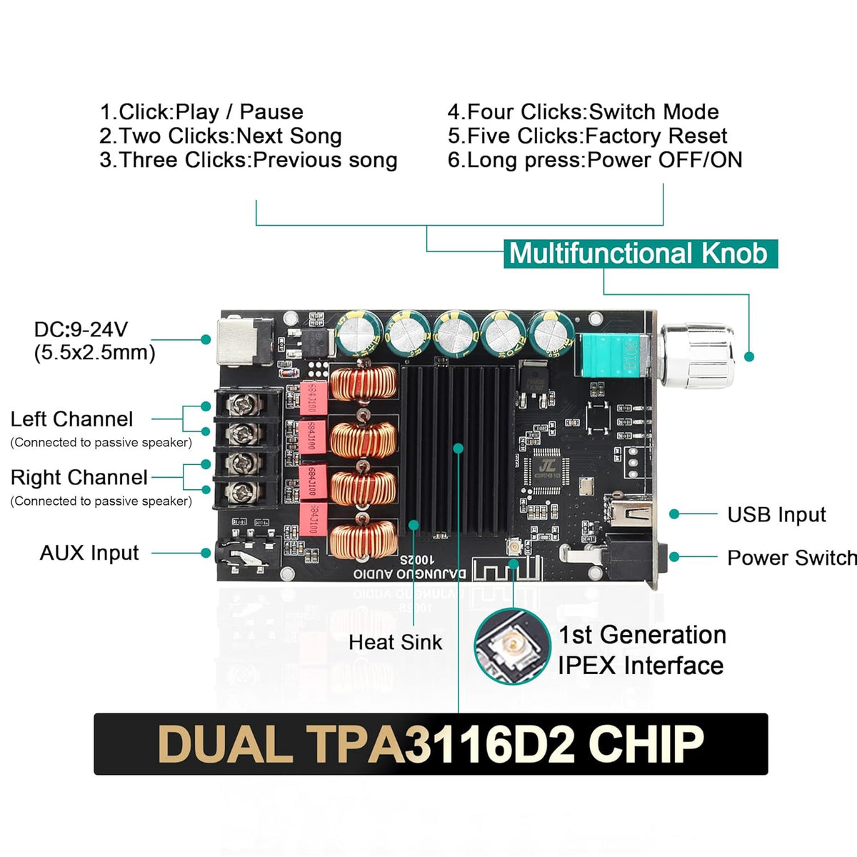 1002S 2.0 Bluetooth Amplifier Board, Dual TPA3116D2 Chips, 100W+100W Power Output