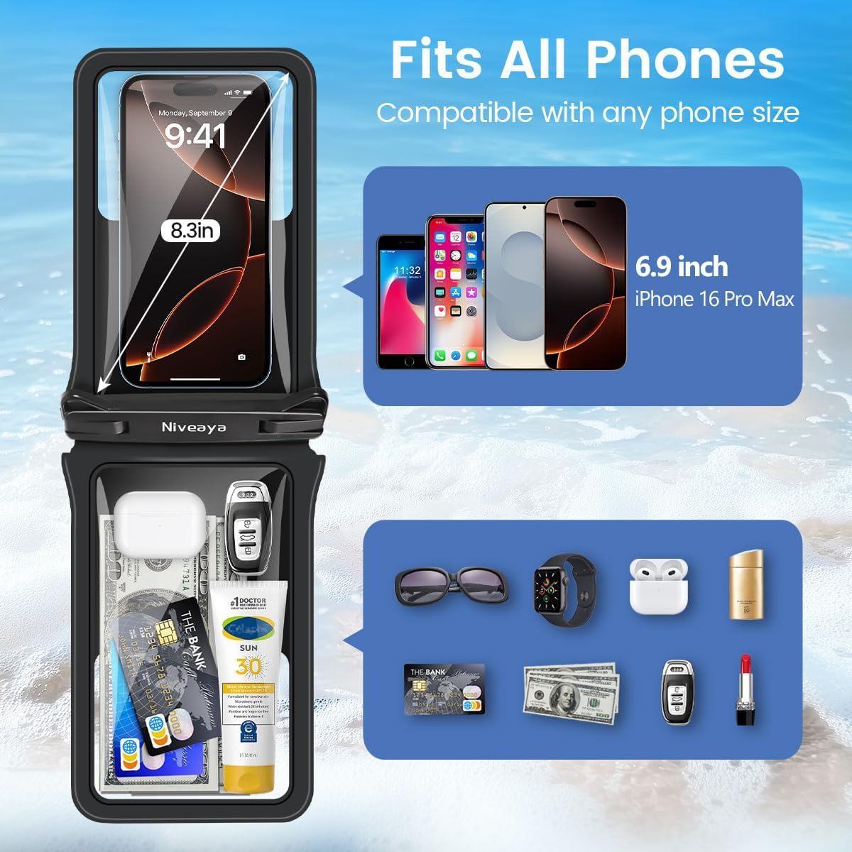 Niveaya Double Space Waterproof Phone Pouch - 2 Pack, Waterproof Phone Lanyard Case with iPhone 16/15/14/13/12 Pro Max up to 8.3", Phone Dry Bags for Vacation Beach Pool Kayak Cruise Travel Essentials