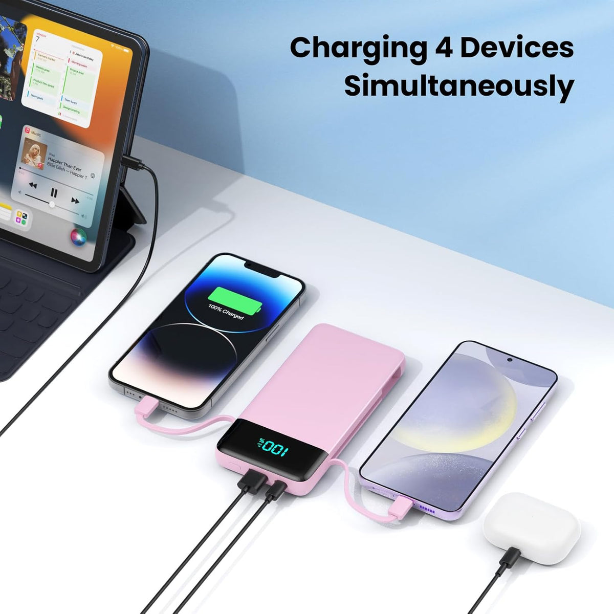 Portable Charger for iPhone with Built in Cables and Wall Plug,Upgraded 13800mAh Fast Charging USB C Power Bank,4 Outputs Travel Essential Battery Pack Compatible with iPhone 15/14/13/12,Samsung-Pink