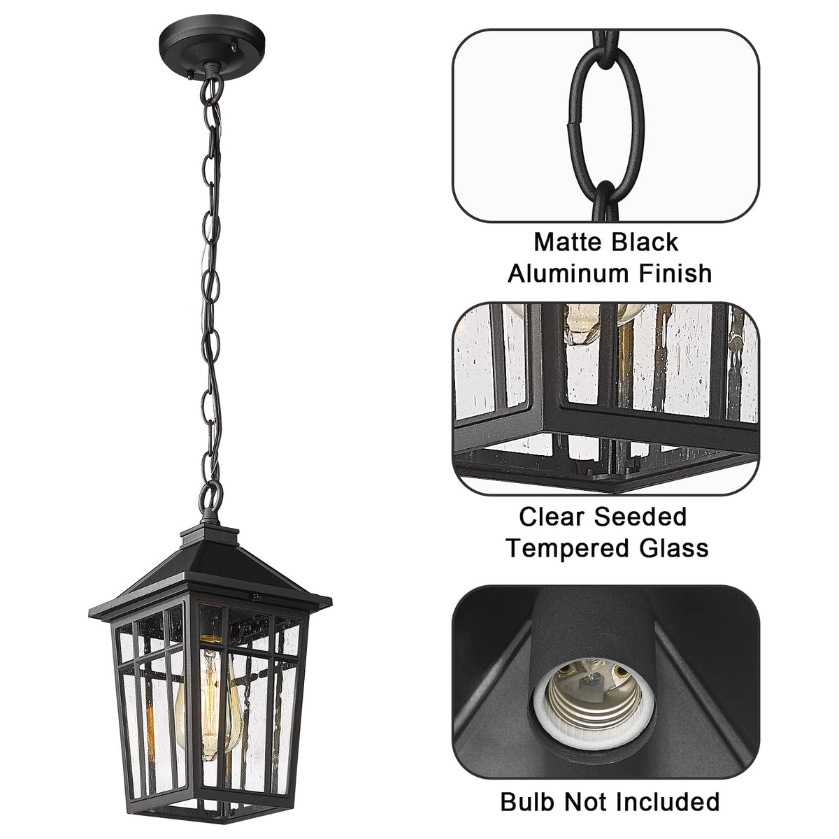 Darkaway Outdoor Pendant Light Fixture, Outdoor Hanging Light Porch Lights Fixtures Anti-Rust Waterproof Aluminum with Seeded Glass for Porch Entryway