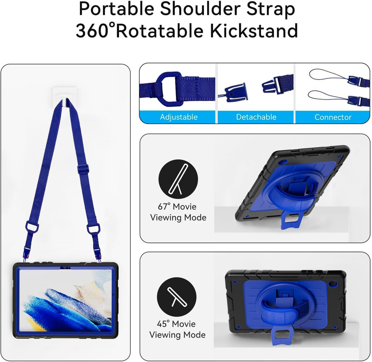 for Samsung Galaxy Tablet A8 Case 10.5 inch 2022 SM-X200/X205/X207 with Screen Protector [360 Rotating Stand] &Hand Shoulder Strap Shockproof Rugged Protective Cover|Black&Blue