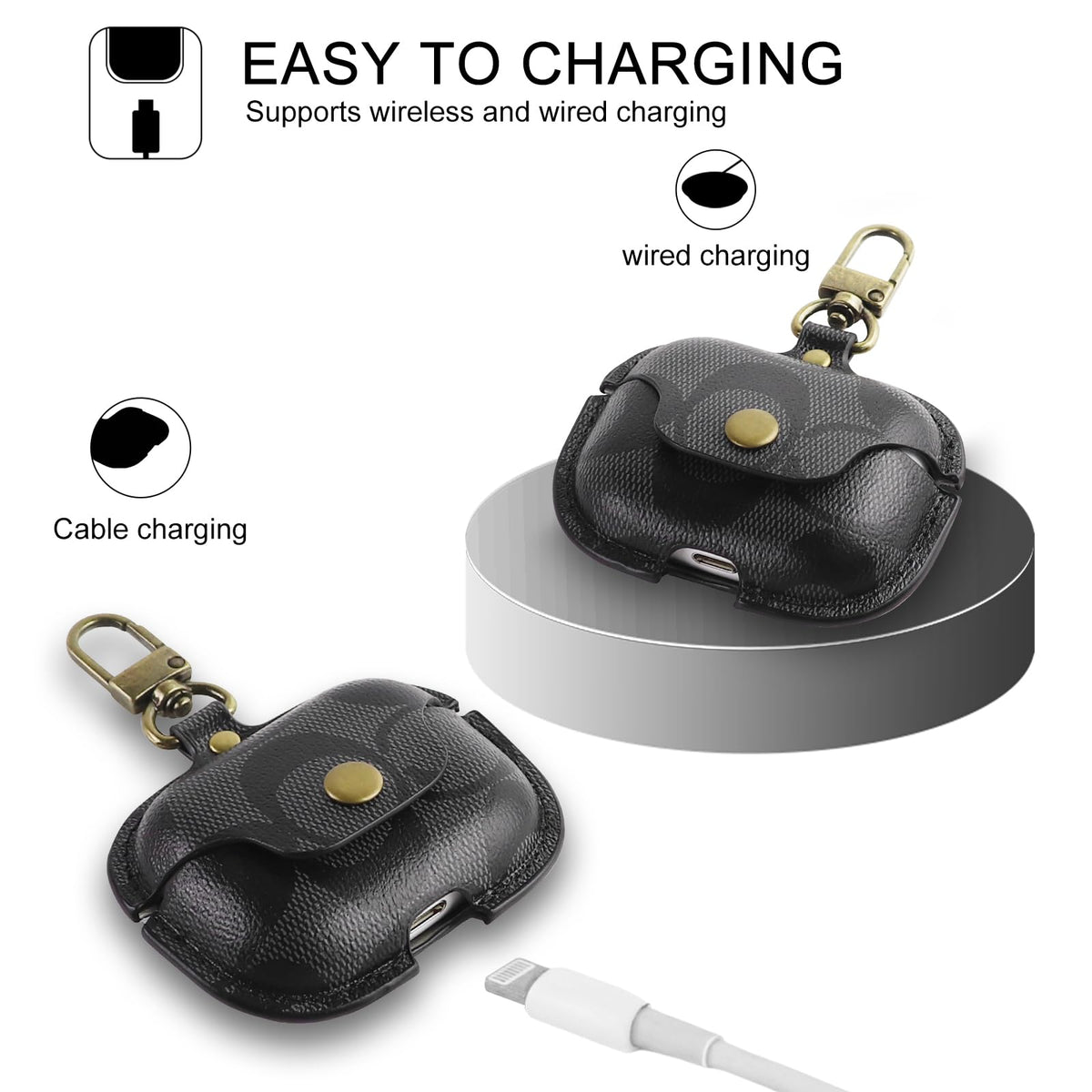 Leather Case for AirPods Pro 3, Shockproof Cover with Keychain, Black