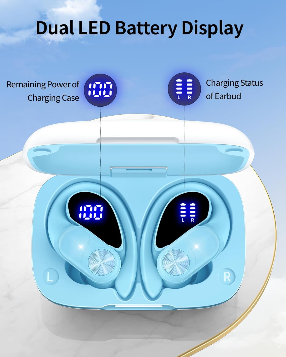 PocBuds Bluetooth Headphones Wireless Earbuds 80hrs Playtime Wireless Charging Case Digital Display Sports Ear Buds with Earhook Deep Bass IPX7 Waterproof Over-Ear Earphones for TV Phone Laptop Blue