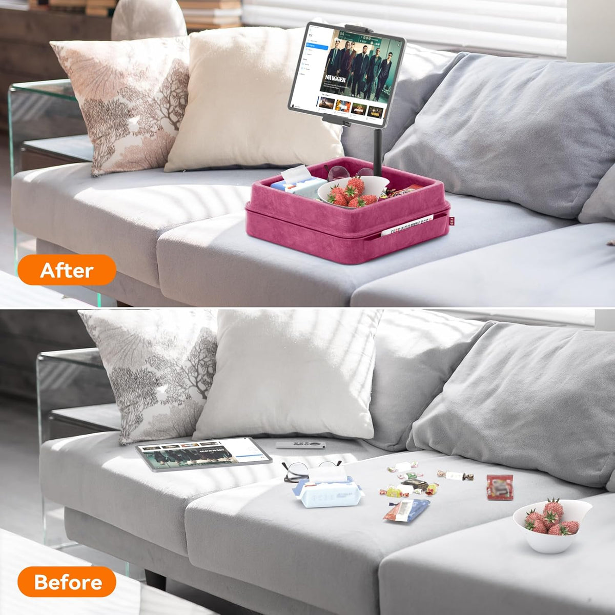 KDD Tablet Pillow Holder - 360°Adjustable iPad Pillow Stand for Lap, Bed and Desk - Gooseneck Tablet Soft Pad Dock with Storage Tray and Pocket Compatible with iPad Pro 12.9, Air Mini, Phone,(Purple)
