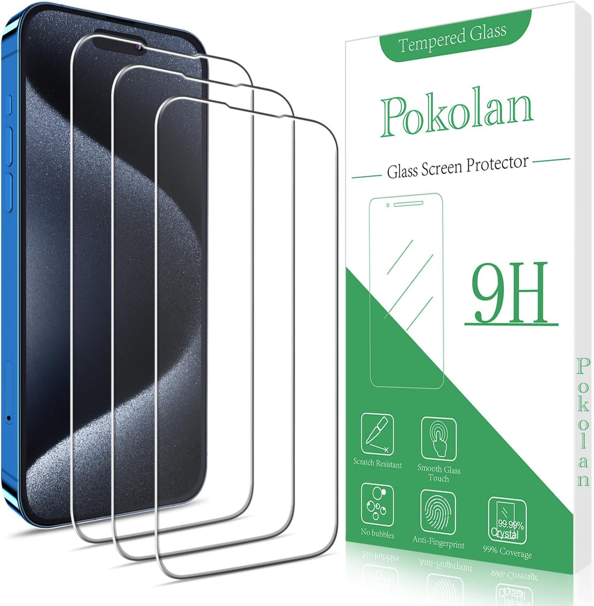 Pokolan (3-Pack) Tempered Glass Screen Protector for iPhone 15 Pro, 9H Hardness, Bubble Free, Easy to Install, Case