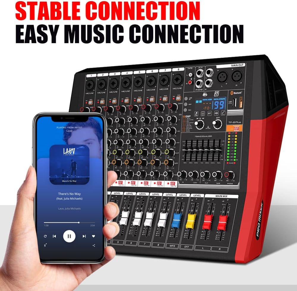 TF600 6-Channel Professional Mixer with Bluetooth Sound Bar with Power Amplifier 2 * 450W Power Output Powered Mixer, 7-Stage Equalizer, 99 DSP Effects, Recording Input USB Drive for Speakers