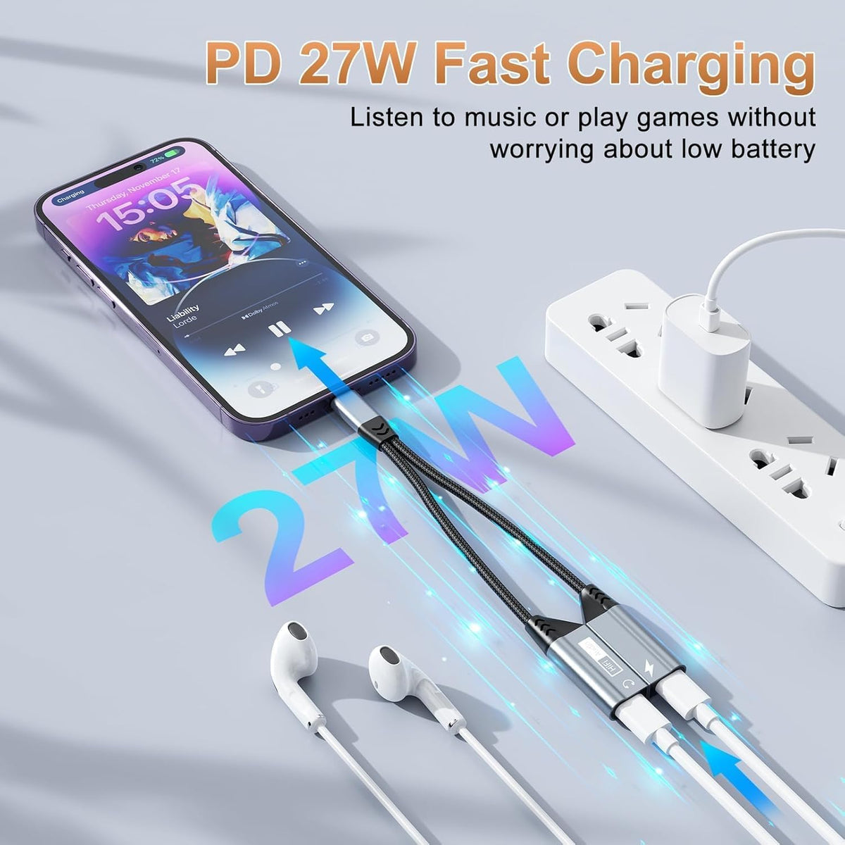 Magnetic Lightning to Dual Lightning AUX Adapter, [Apple MFi Certified] 2 in 1 iPhone Audio and Charger Splitter, Dongle Compatible with iPhone 14/13/12/11/XS/XR/7/8 and iPad,SupportsCharging & Audio